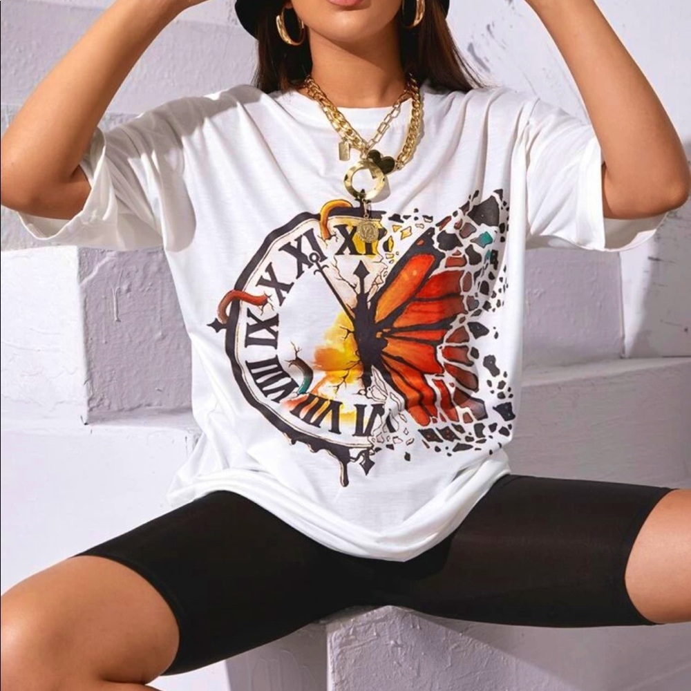 Butterfly & Clock Print Oversized Tee